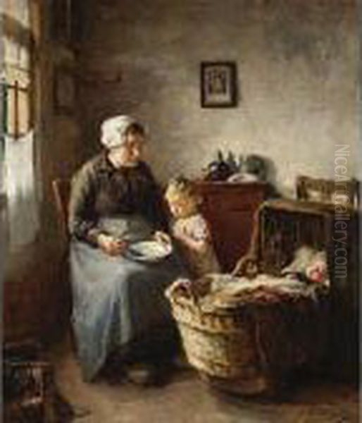 Cottage Interior With Woman And Children Oil Painting by Lammert Van Der Tonge