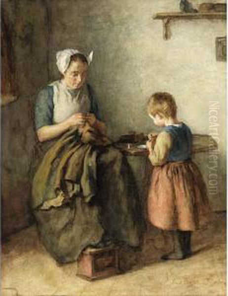 A Mother With A Child In An Interior Oil Painting by Lammert Van Der Tonge