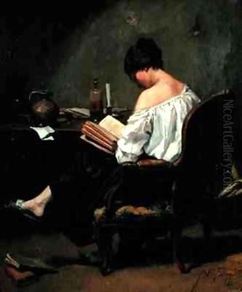 Girl Reading by Candlelight Oil Painting by Andre Fontaine