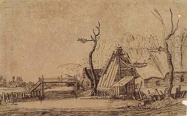 A Cottage Beside A River With A Bridge Oil Painting by Jan I Van De Velde