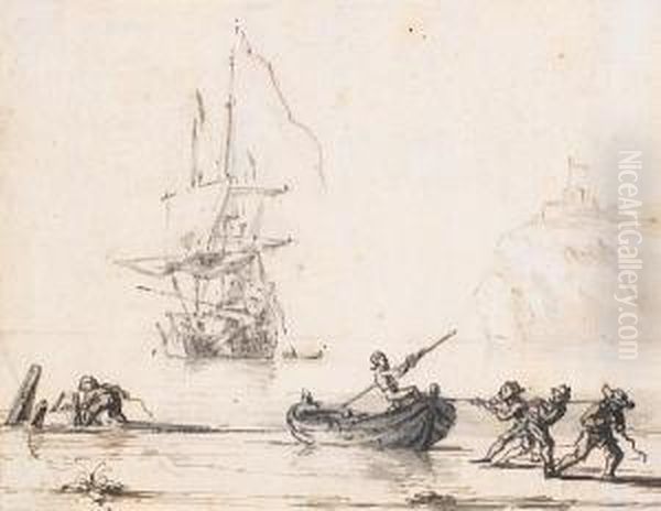 A Ship Moored, With Figures In Theforeground Oil Painting by Jan Jansz. Van De Velde