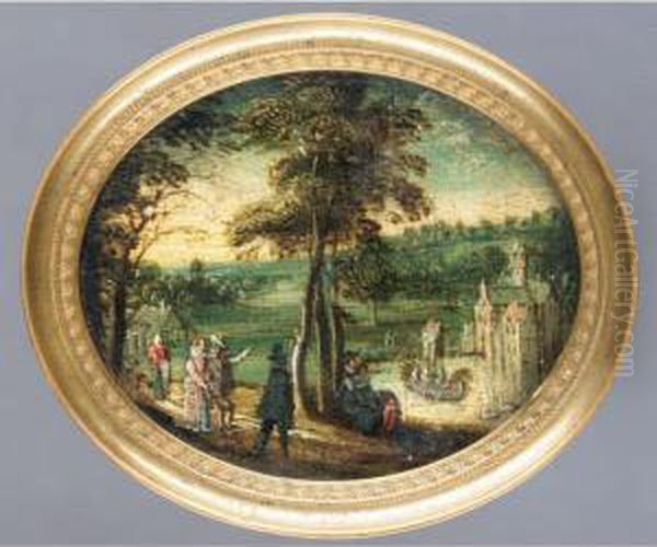 A Landscape With Elegant Figures Promenading Before A Lake With A Castle Beyond Oil Painting by Jan Jansz. Van De Velde