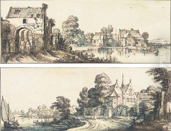 A Village On A Broad River With 
Two Horseman At A Gateway To Theleft; And An Abbey By A River With A 
Group Of Monks On Atrack Oil Painting by Jan Jansz. Van De Velde