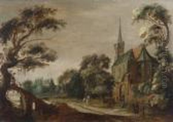 Landschaft Mit Gotischer Kirche
 Und Figurenstaffage. Oil Painting by Jan Jansz. Van De Velde