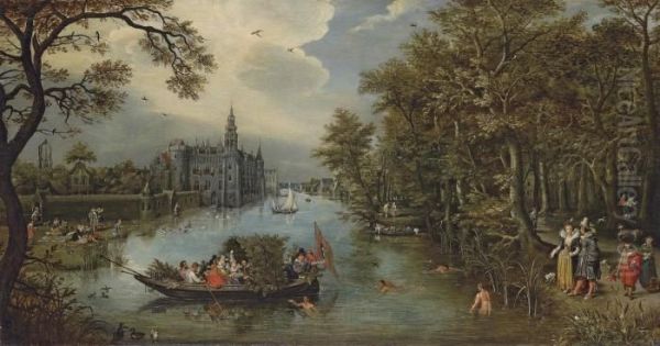 Summer: A River Landscape With 
Elegant Company Desporting In A Boatand On The Banks, A Castle Beyond Oil Painting by Adriaen Pietersz. Van De Venne