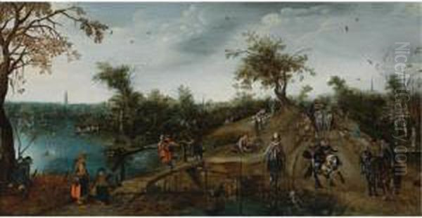 An Extensive Landscape With 
Princes Maurits And Frederik Hendrik Nassau In A Carriage And Other 
Elegant Travellers Passing A River, A Huntsman In The Left Foreground 
And The Tower Of The Grote Kerk Beyond Oil Painting by Adriaen Pietersz. Van De Venne