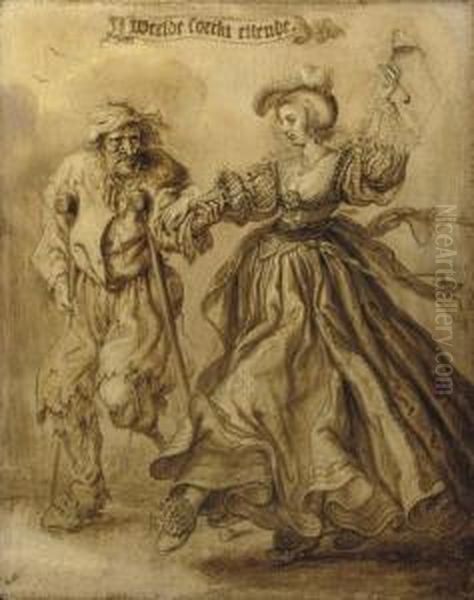 'weelde Soeckt Ellende': An Elegant Lady Accompanied By A Beggar Oil Painting by Adriaen Pietersz. Van De Venne