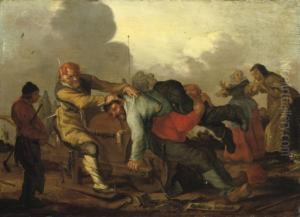 Figures Brawling With Onlookers On A Road Oil Painting by Adriaen Pietersz. Van De Venne