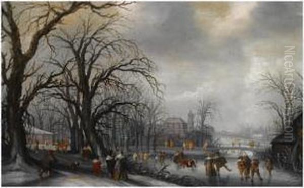 A Winter Landscape With Elegant 
Figures Conversing On A Path And Skating On The Ice, A Fortified Town 
Beyond Oil Painting by Adriaen Pietersz. Van De Venne