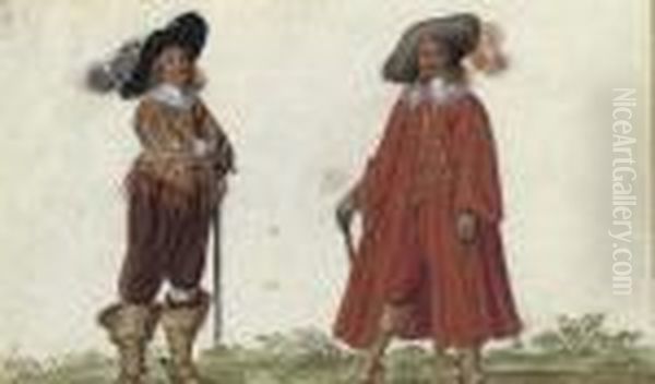 Two Elegantly Dressed Gentlemen Wearing Plumed Hats Oil Painting by Adriaen Pietersz. Van De Venne