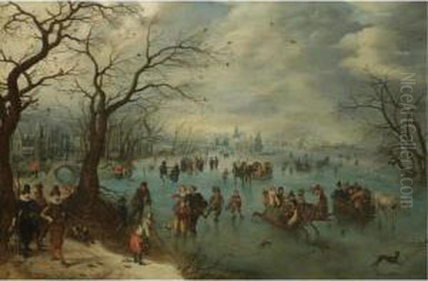 A Winter Landscape With Figures 
Skating On A Frozen River, Prince Maurits Of Orange-nassau With A 
Hunting Party In The Foreground Oil Painting by Adriaen Pietersz. Van De Venne