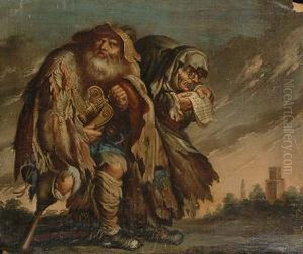 The One Legged Hurdy-gurdy Player And His Companion In A Landscape Oil Painting by Adriaen Pietersz. Van De Venne