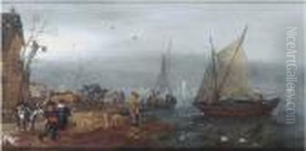 A River Landscape With Figures On The Bank Near An Inn, Shipping Beyond Oil Painting by Adriaen Pietersz. Van De Venne