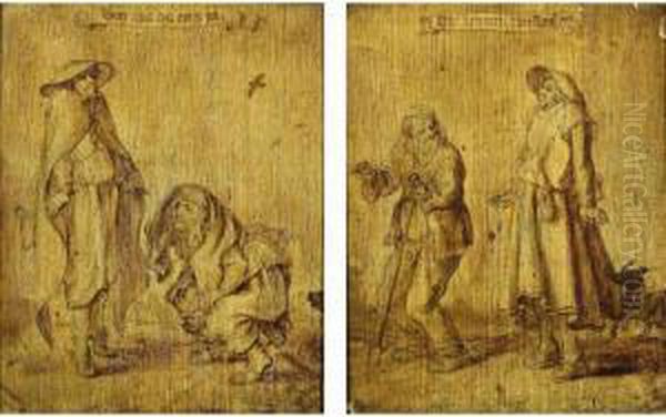 A Beggar Standing On His Toe, A 
Woman Squatting ( 'doet Ons Dat Eens Na' ); A Woman Standing On His Toes
 Together With A Man ( 'hoe Kenmen 't Versinne(n)' ) Oil Painting by Adriaen Pietersz. Van De Venne