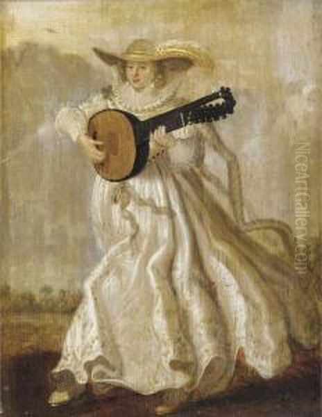 A Lady Dancing And Playing The Lute In A Landscape Oil Painting by Adriaen Pietersz. Van De Venne