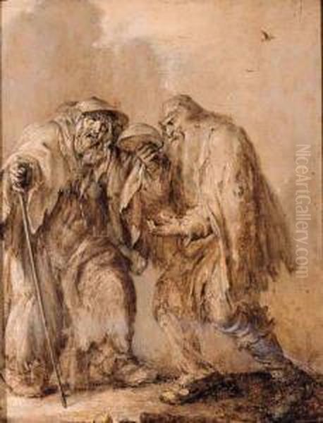 An Old Couple Begging He Holding An Upturned Bowl, She Holding Acane - En Brunaille Oil Painting by Adriaen Pietersz. Van De Venne