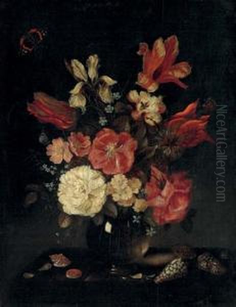 Roses, Tulips, An Iris, 
Forget-me-nots And Other Flowers In A Vase, With Shells On A Table And A
 Red Admiral Oil Painting by Jan van de Venne