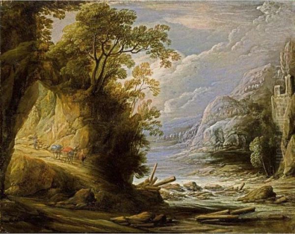 A Mountainous River Landscape With An Oriental Traveller And Donkeys On A Path Oil Painting by Jan van de Venne