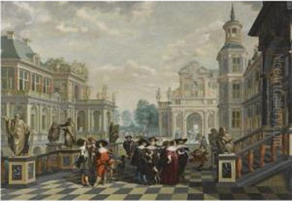 An Elaborate Palace Courtyard 
With Elegant Company Proceedingtowards A Great Staircase, With Four 
Sculpted Philosophers Onpedestals Behind Them Oil Painting by Dirck Van Delen