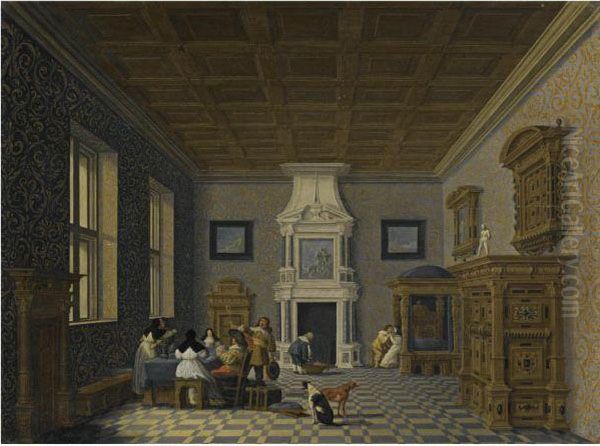 A Palace Interior With Cavaliers Cavorting With Nuns Oil Painting by Dirck Van Delen