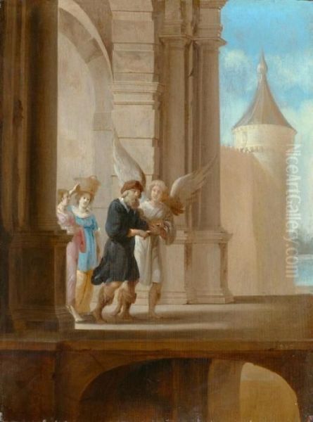 Blind Tobias Led By The Archangel Raphael. Oil Painting by Dirck Van Delen