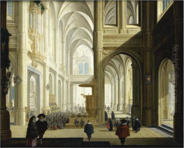 The Interior Of A Gothic Cathedral Oil Painting by Dirck Van Delen