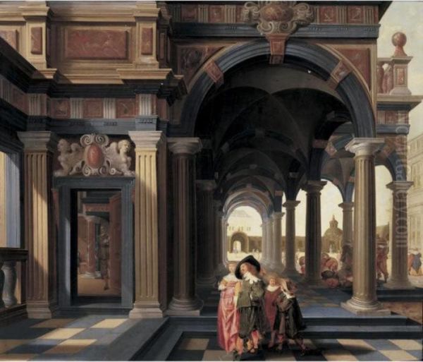 Elegant Figures In A Loggia Oil Painting by Dirck Van Delen