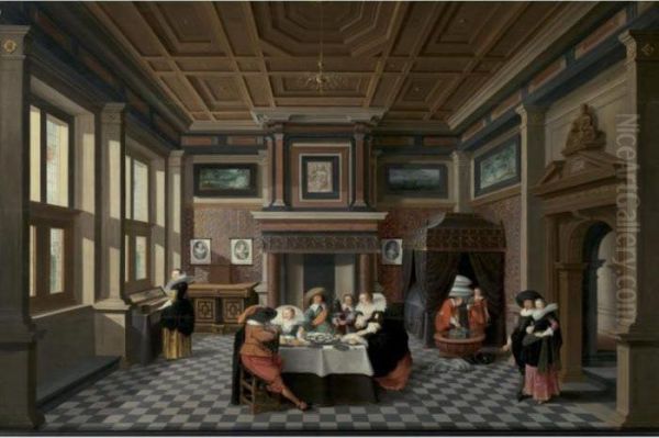 An Interior With Ladies And Gentlemen Dining Oil Painting by Dirck Van Delen