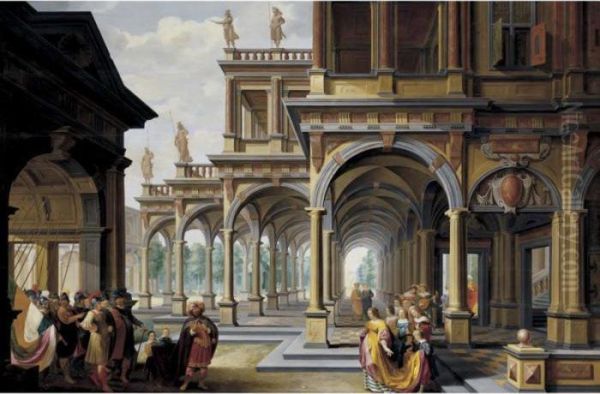 An Elaborate Architectural Capriccio With Jephthah And His Daughter Oil Painting by Dirck Van Delen