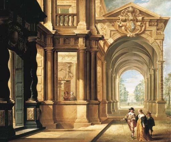 A Fantastical Palace With An Elegant Couple Walking In Front Of Aportico Oil Painting by Dirck Van Delen