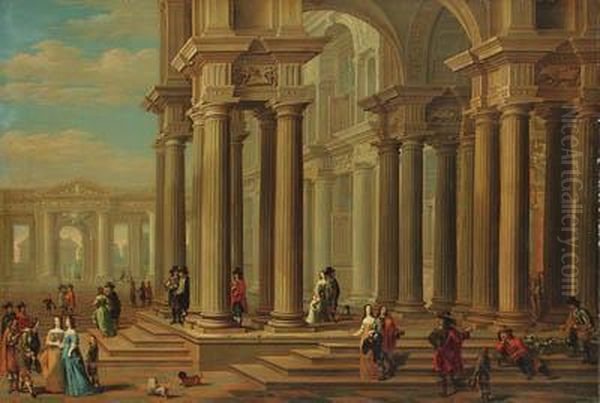 Capriccio Of A Classical Forecourt With Elegant Companypromenading Oil Painting by Dirck Van Delen