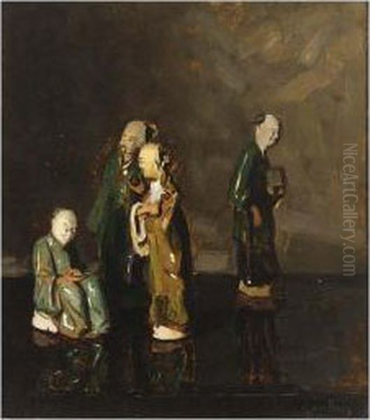 A Still Life With Chinese Porcelain Figures Oil Painting by Ans Van Den Berg