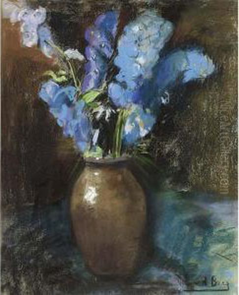 Blue And Purple Flowers In A Vase Oil Painting by Ans Van Den Berg