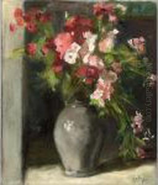 Pink Flowers In A Grey Vase Oil Painting by Ans Van Den Berg