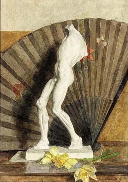 A Statue Of A Male Nude Oil Painting by Ans Van Den Berg