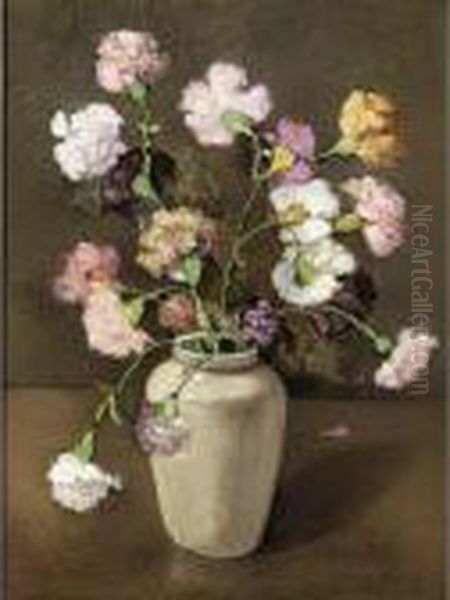 An Earthenware Vase With Carnations Oil Painting by Ans Van Den Berg