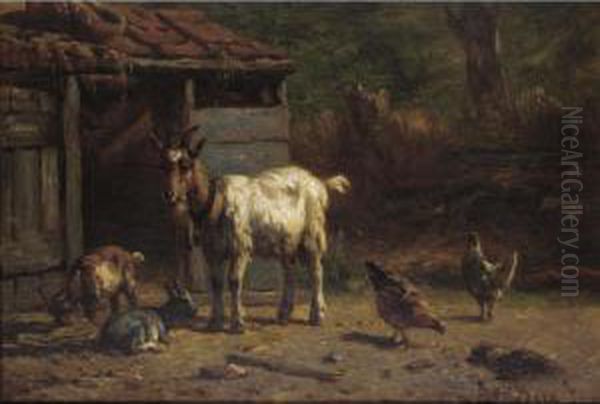 Goats And Chickens In A Yard Oil Painting by Simon Van Den Berg