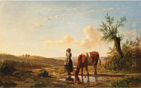 Cowherdess In A Summer Landscape Oil Painting by Simon Van Den Berg