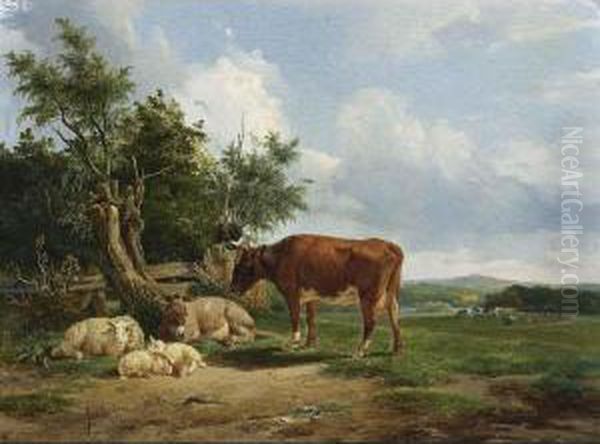 An Extensive Landcape With Cattle Resting Oil Painting by Simon Van Den Berg