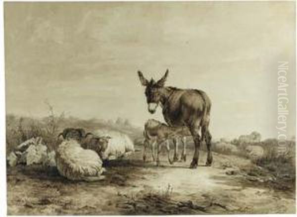 A Donkey With A Foal And Sheep Resting In A Hilly Landscape Oil Painting by Simon Van Den Berg