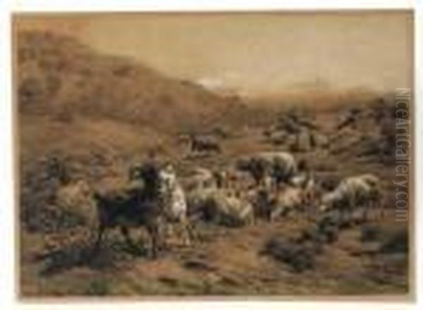 A Shepherdess With Cattle In A Hilly Landscape Oil Painting by Simon Van Den Berg