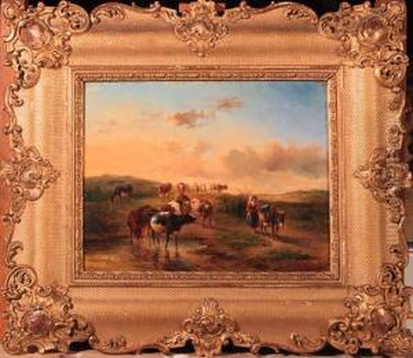 A Wooded Summer Landscape With A Herdess And Cattle Oil Painting by Simon Van Den Berg