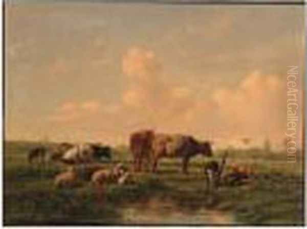 Cattle Grazing Oil Painting by Simon Van Den Berg