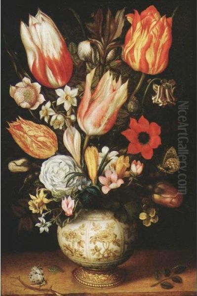 Tulips, Roses, Narcissi, 
Daffodils, Crocuses, An Iris, A Poppy And Other Flowers In A 
Gilt-mounted Porcelain Vase On A Ledge, With A Queen Of Spain 
Fritillary, A White Ermine And A Magpie Butterfly Oil Painting by Christoffel van den Berghe