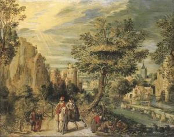 A Rocky River Landscape With Horsemen And Other Figures On A Path Oil Painting by Christoffel van den Berghe