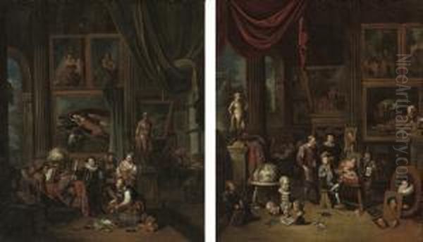 An Artist's Studio; And A Nobleman's Picture Gallery Oil Painting by Balthazar Van Den Bossche