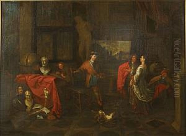 Personages In Een Interieur. Oil Painting by Balthazar Van Den Bossche