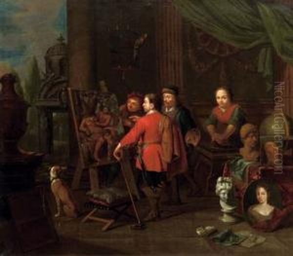 An Artist's Studio With An Elegant Man Inspecting A Painting Oil Painting by Balthazar Van Den Bossche