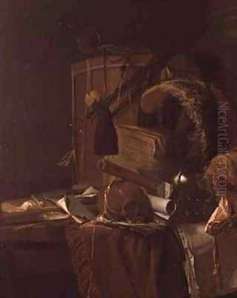 A vanitas with a skull plumed helmet bullae and musical instrument Oil Painting by Jan Fris