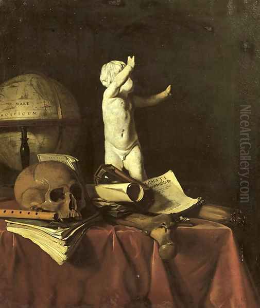 A 'vanitas' with a sculpture of a putto, a globe, a skull, a bone, an hourglass, a flute and books on a draped table Oil Painting by Jan Fris